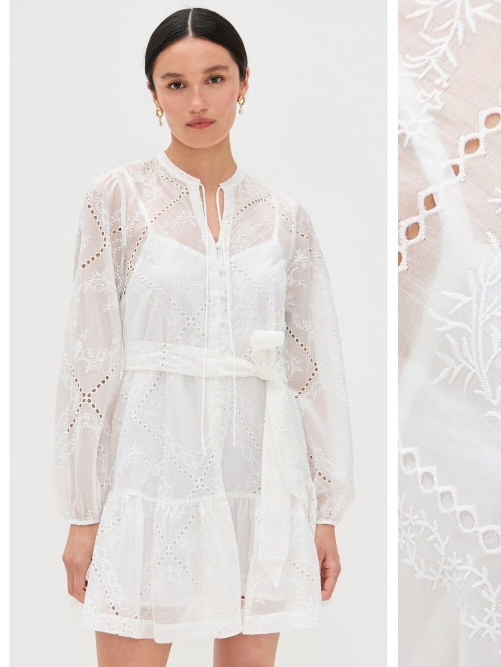 NWT Hill House White Patchwork Organza Eyelet Lace Yara Long Sleeve Mini Dress